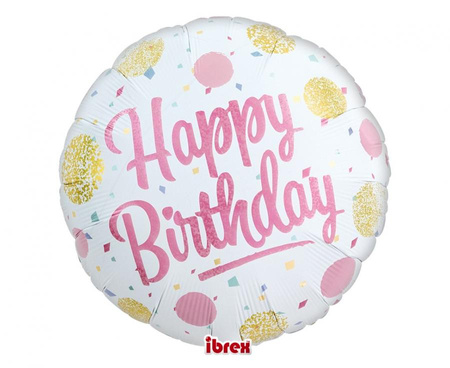 Balon foliowy, okrągły 14", Happy Birthday Gold&Pink Dots, packed