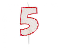 Świeczka cyferka z brokatem, czerwony kontur "5", 6 cm