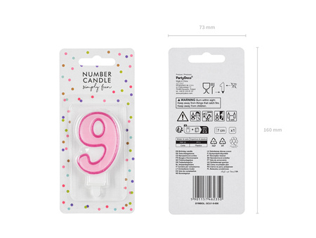 Świeczka urodzinowa Cyferka 9, różowy, 7cm