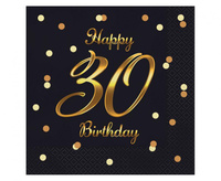 Serwetki Happy 30 Birthday, czarne, nadruk złoty, certyfikat FSC, 33x33 cm/ 20 szt.