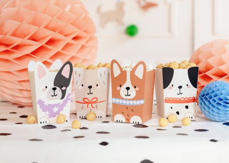 Pudełka na popcorn Pieski, 8,7x8,7 cm, mix (1 op. / 6 szt.)