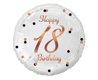 Balon foliowy Happy 18 Birthday, biały, nadruk różowo-złoty, 18 cali