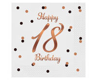 Serwetki Happy 18 Birthday, białe, nadruk różowo-złoty, certyfikat FSC, 33x33 cm/ 20 szt.