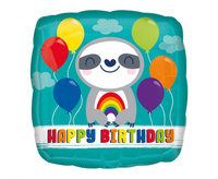 Balon foliowy 18" "Happy Birthday" Leniwiec z tęczą, zapakowany