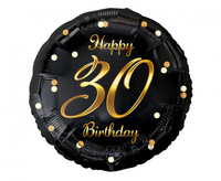 Balon foliowy Happy 30 Birthday, czarny, nadruk złoty, 18 cali