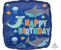 Balon foliowy 18" kwadrat Happy birthday sharks