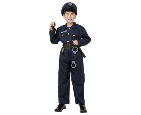 Zestaw dla dzieci Elegancki Policjant (bluzka, spodnie, pasek, czapka, kajdanki, krótkofalówka, pałka), rozm. 110/120 cm