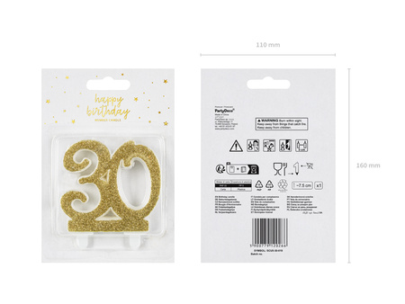 Świeczka urodzinowa liczba 30, złoty 7.5cm