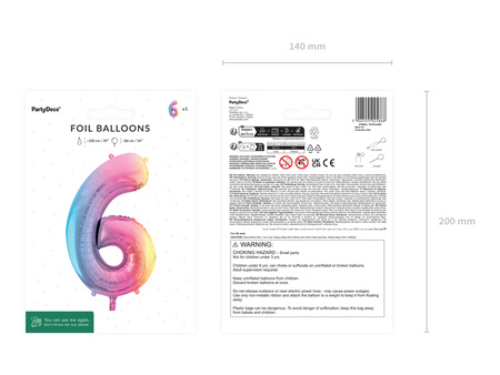 Balon foliowy Cyfra ''6'', 86cm, pastelowy tęczowy