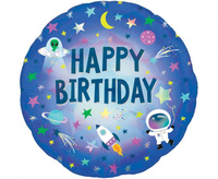 Balon foliowy holograficzny Happy Birthday Outer Space, zapakowany