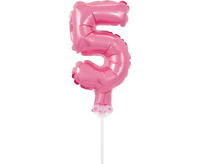 Balon foliowy 13 cm na patyczku "Cyfra 5", różowa