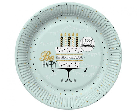 Talerzyki papierowe Mint and Happy B-day, 18 cm,  8 szt.
