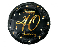 Balon foliowy Happy 40 Birthday, czarny, nadruk złoty, 18 cali