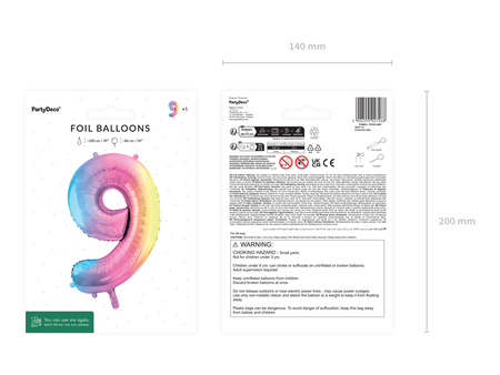 Balon foliowy Cyfra ''9'', 86cm, pastelowy tęczowy