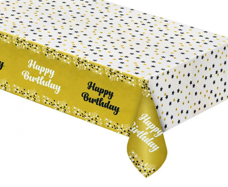 Obrus foliowy "Happy Birthday" złoty, 137x183 cm