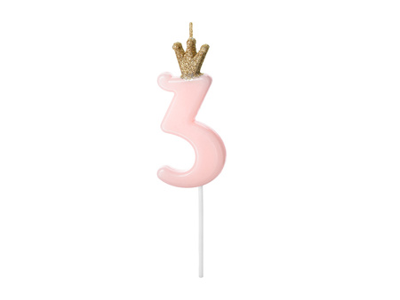 Świeczka urodzinowa Cyferka 3,  jasny różowy, 9.5cm