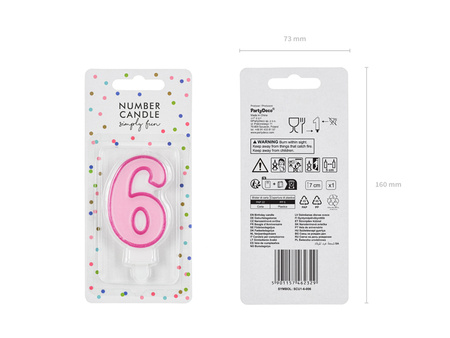 Świeczka urodzinowa Cyferka 6, różowy, 7cm