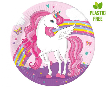 Talerzyki papierowe Unicorn Rainbow Colors, next generation, 23cm, 8 szt. (plastic-free) (papier FSC)