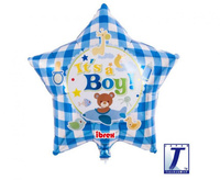 Balon foliowy, gwiazda 15", It’s A Boy Bear Gingham Blue, packed