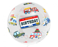 Balon Aqua - kryształowy, Happy Birthday (pojazdy), 20 cali