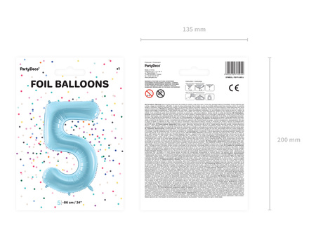 Balon foliowy Cyfra ''5'', 86cm, jasny niebieski