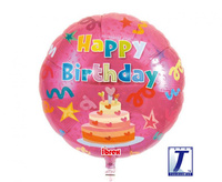 Balon foliowy, okrągły 14", Happy Birthday Cake, red, packed