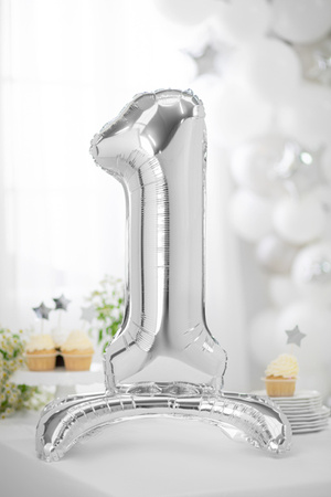 Stojący balon foliowy Cyfra ''1'', 70cm, srebrny