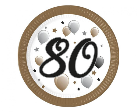 Talerzyki papierowe 80 urodziny FSC, 23 cm, 8 szt.