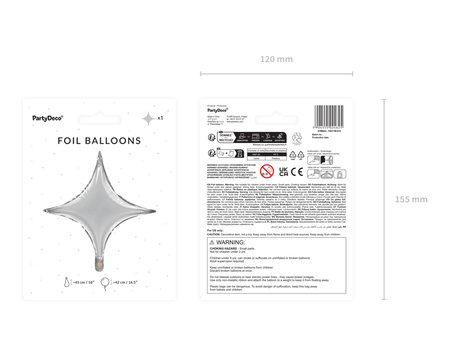 Balon foliowy Gwiazda 4-ramienna, 45 cm, srebrny