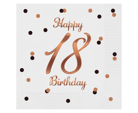 Serwetki Happy 18 Birthday, białe, nadruk różowo-złoty, certyfikat FSC, 33x33 cm/ 20 szt.