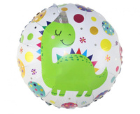 Balon foliowy okrągły, Dinozaur w czapeczce, 18", 1 szt.