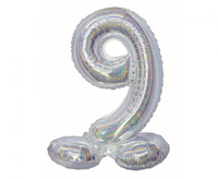 Balon foliowy , Cyfra stojąca 9, holograficzna srebrna, 72 cm