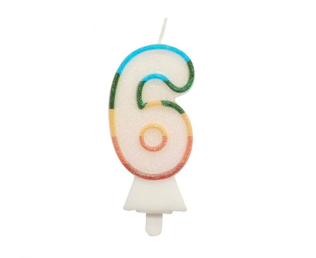 Świeczka cyferka 6, tęczowa, NOWY BIO BROKAT, 8,5 cm