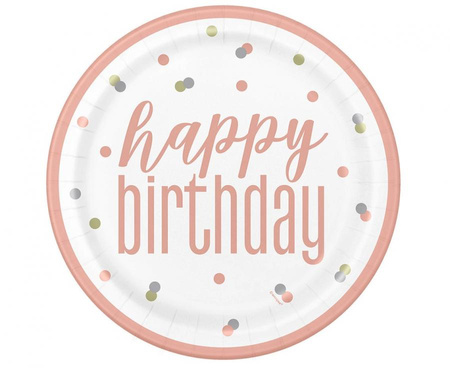 Talerzyki papierowe Glitz Happy Birthday, 23 cm, różowo-złote, 8 szt. (plastic-free)