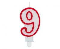 Świeczka cyferka "9", czerwony kontur 7 cm