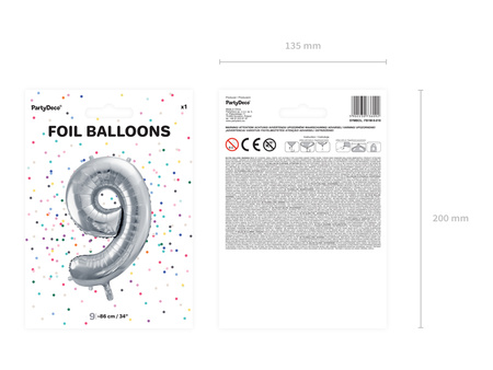 Balon foliowy Cyfra ''9'', 86cm, srebrny