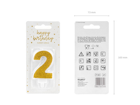 Świeczka urodzinowa Cyferka 2, złoty, 7cm