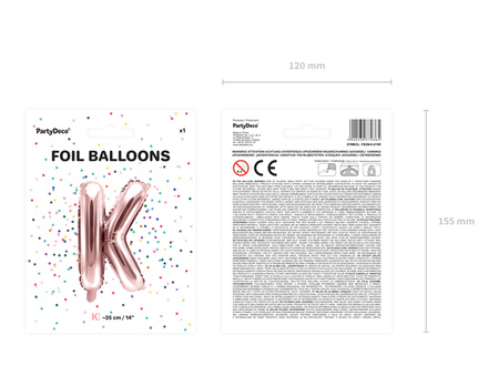 Balon foliowy Litera ''K'', 35cm, różowe złoto