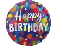 Balon foliowy 18" Happy Birthday - Holo Iridescent Party Dots, zapakowany