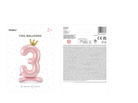 Stojący balon foliowy cyfra ''3'', 84 cm, jasny różowy