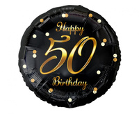 Balon foliowy Happy 50 Birthday, czarny, nadruk złoty, 18 cali