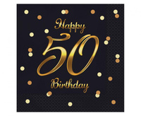 Serwetki Happy 50 Birthday, czarne, nadruk złoty, certyfikat FSC, 33x33 cm/ 20 szt.