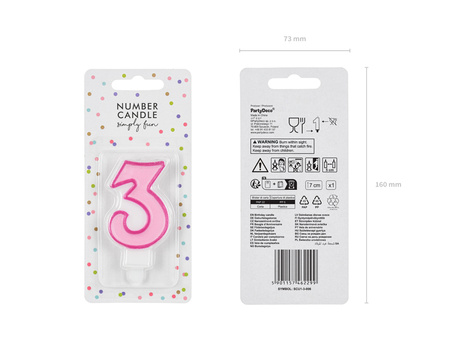Świeczka urodzinowa Cyferka 3, różowy, 7cm