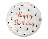 Balon foliowy Happy Birthday, biały, nadruk różowo-złoty, 18 cali