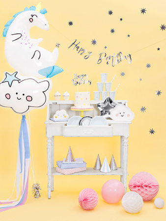 Topper na tort Happy Birthday, srebrny, 22,5cm
