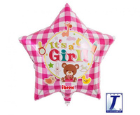 Balon foliowy, gwiazda 15", It’s A Girl Bear Gingham Pink, packed