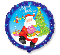 Balon foliowy 18" - "Merry Christmas - Mikołaj z prezentami" (okrągły), pakowany