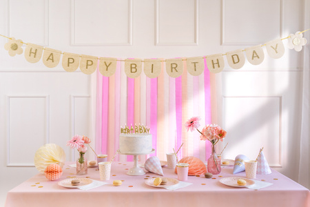 Baner filcowy, Happy Birthday, różowy, 3m