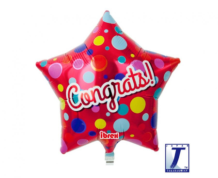 Balon foliowy, gwiazda 15", Congrats dots, metallic red, packed