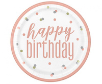 Talerzyki papierowe Glitz Happy Birthday, 23 cm, różowo-złote, 8 szt. (plastic-free)